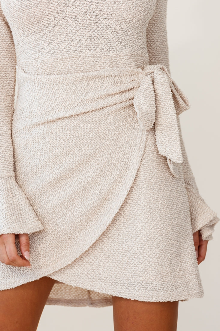 Minerva Flared Cuff Knit Wrap Dress Beige