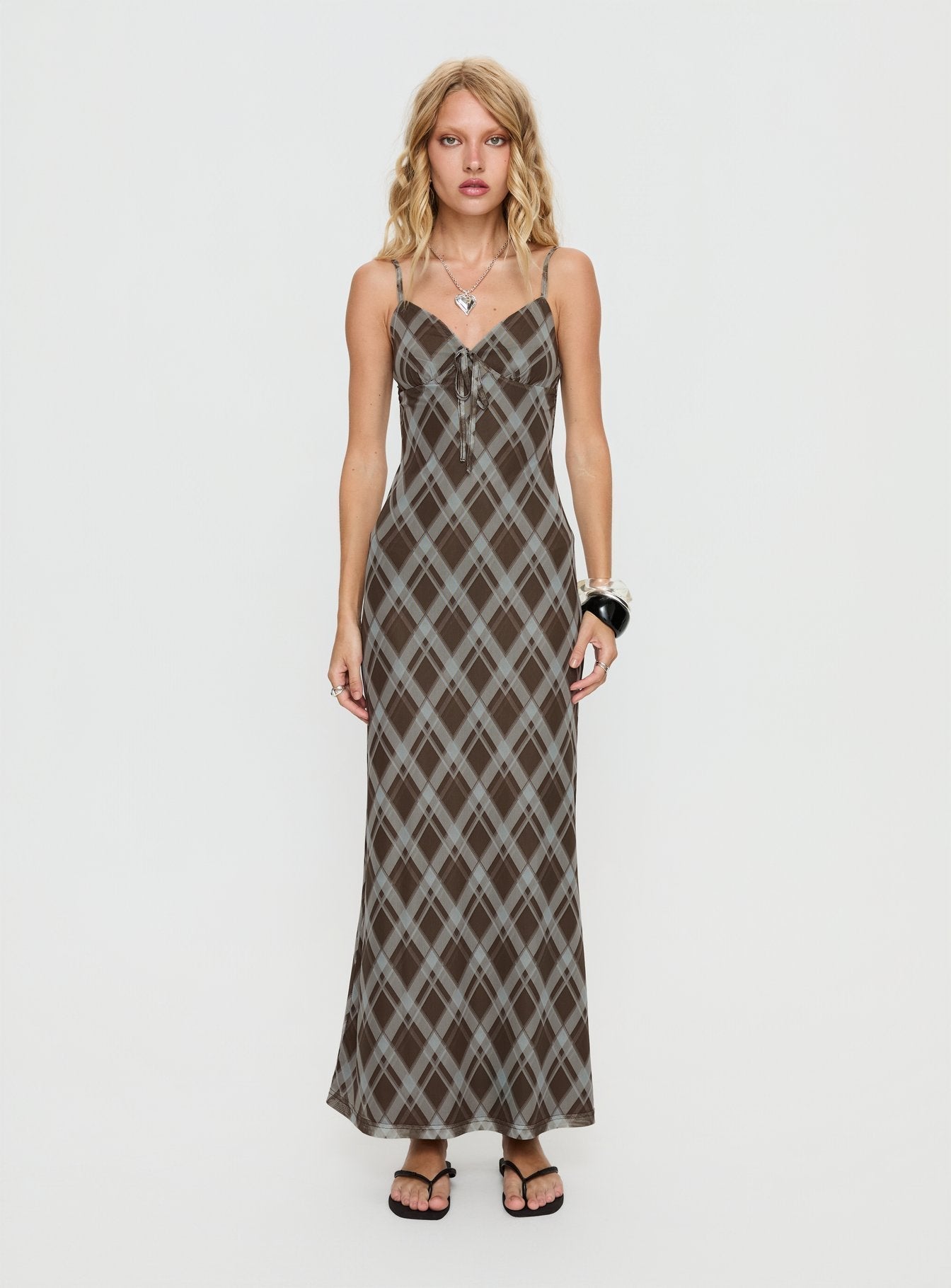 Idaline V Neck Maxi Dress Brown Check