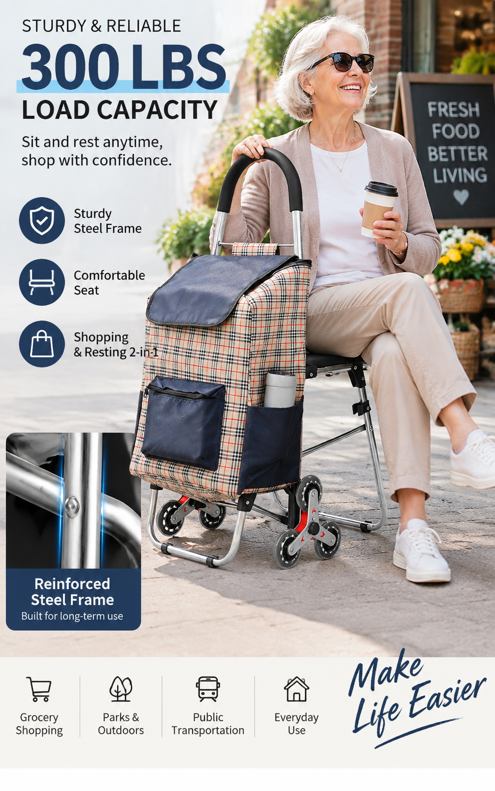 2-in-1 Shopping Trolley Cart with Rest Seat, Tri-Wheel Stair Climber, Large Capacity Removable Waterproof Oxford Bag for Grocery Shopping