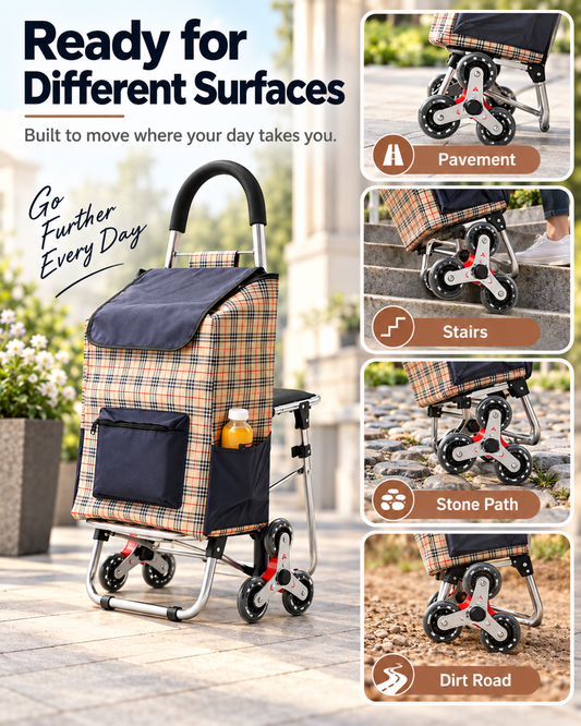 2-in-1 Shopping Trolley Cart with Rest Seat, Tri-Wheel Stair Climber, Large Capacity Removable Waterproof Oxford Bag for Grocery Shopping