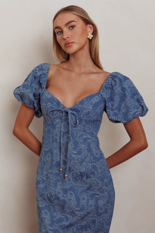 Feeling Electric Puff Sleeves Mermaid Maxi Dress Denim Blue