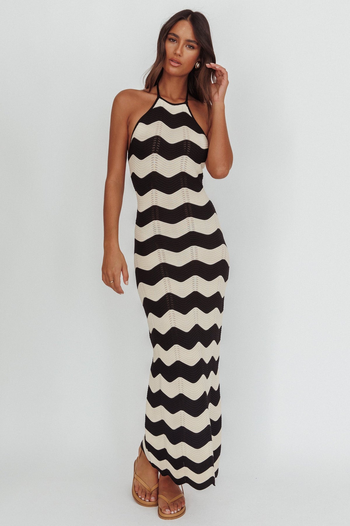 Yelena Halter Neck Knit Maxi Dress Zig-Zag Cream