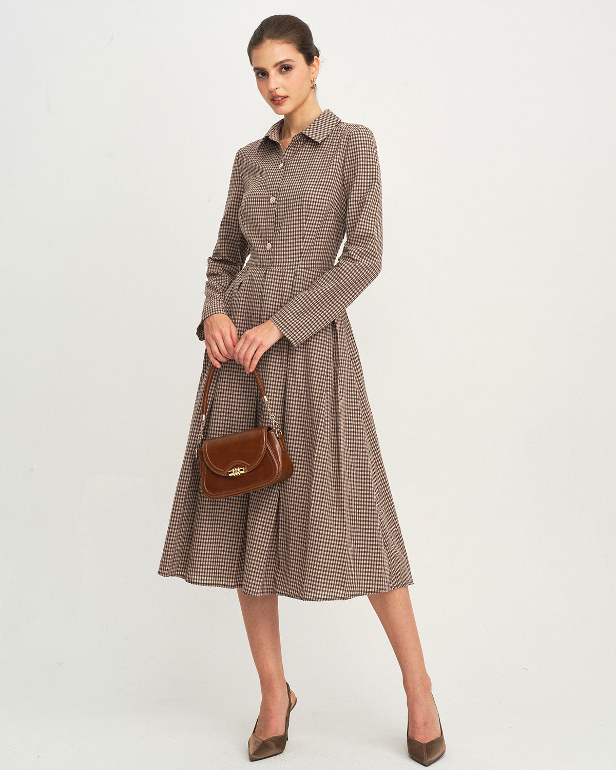 Brown Plaid A-Line Midi Dress