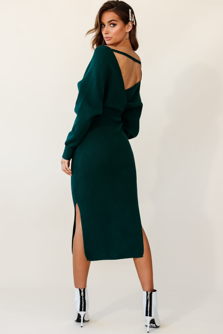 Cameo Batwing Knit Midi Dress Forest Green