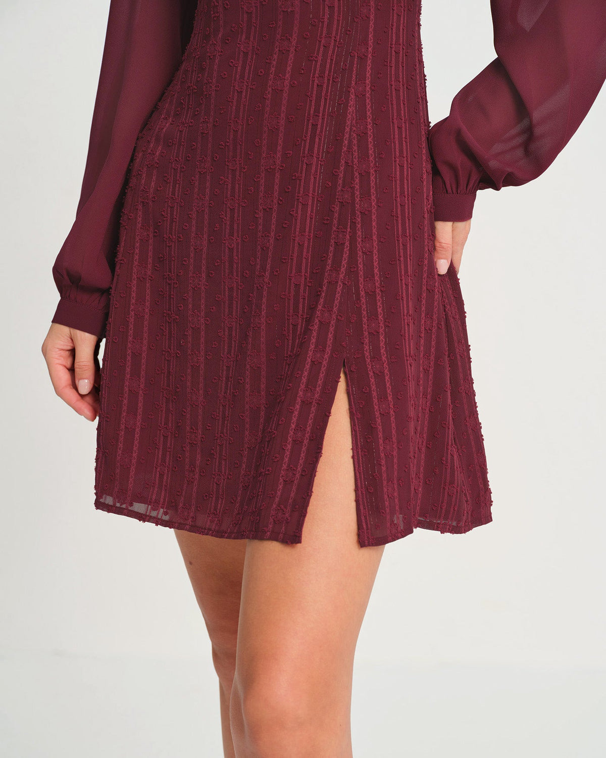 Wine Red Chiffon Mock Neck Mini Dress