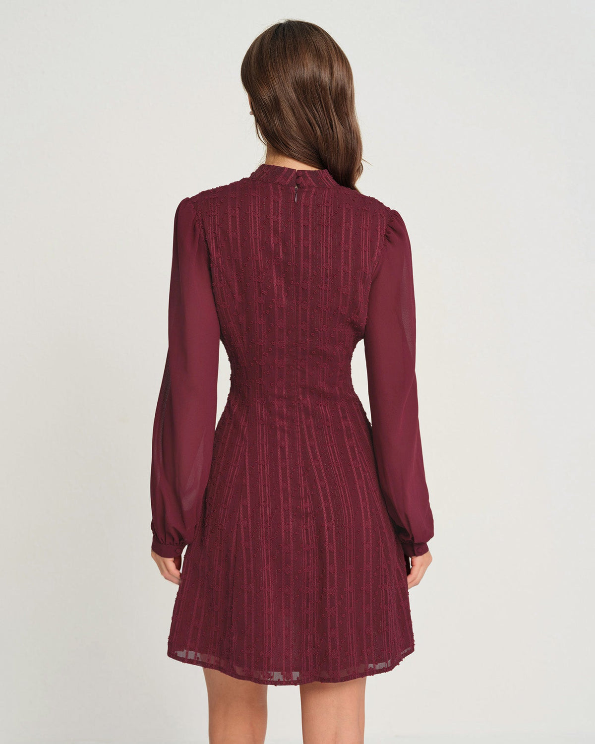 Wine Red Chiffon Mock Neck Mini Dress
