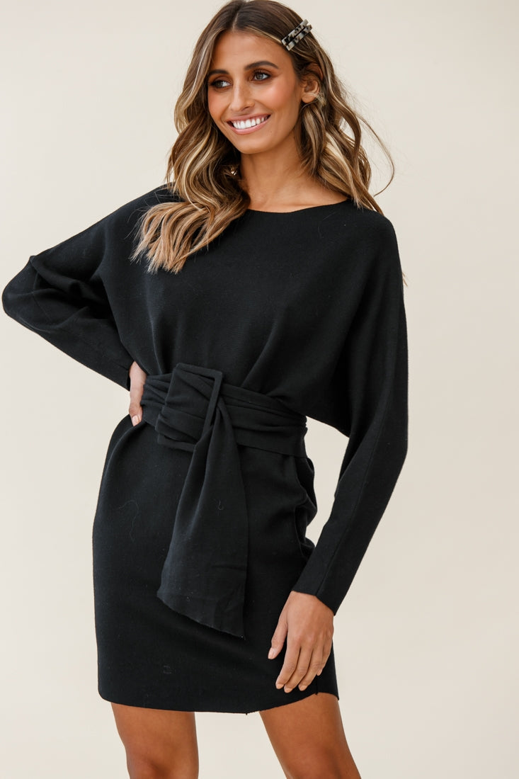 Lorelei Long Sleeve Wide Belt Knit Dress Black