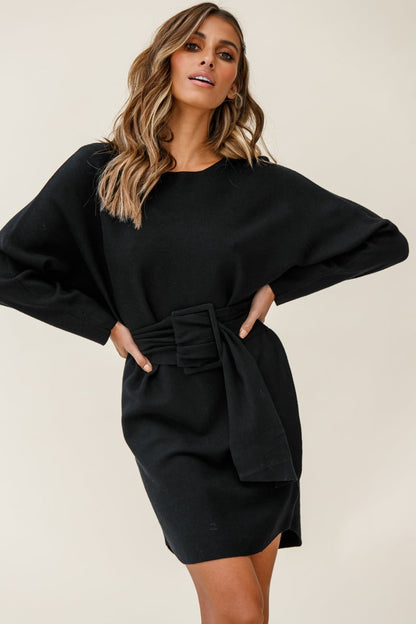 Lorelei Long Sleeve Wide Belt Knit Dress Black