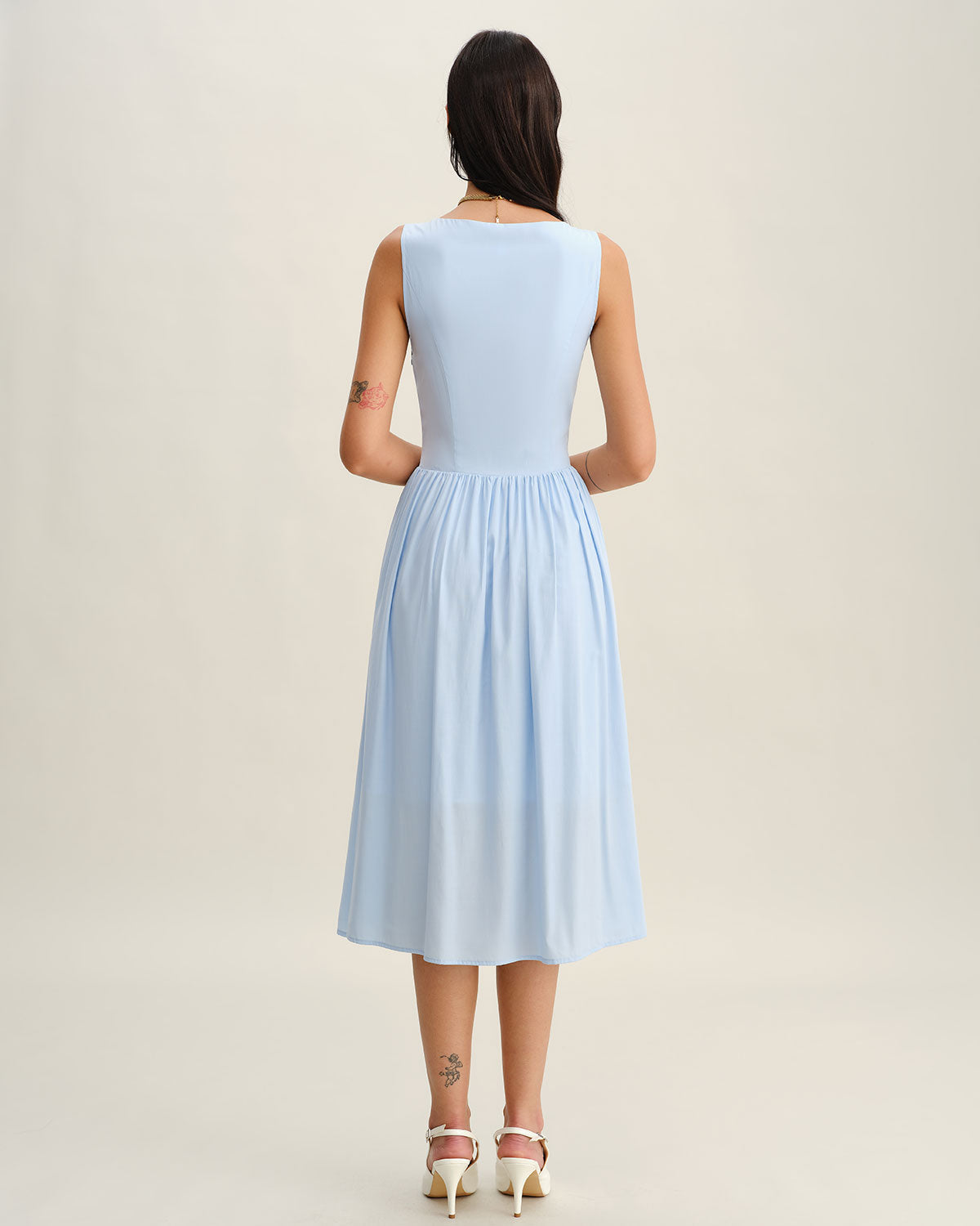 Blue V Neck Button Sleeveless Midi Dress