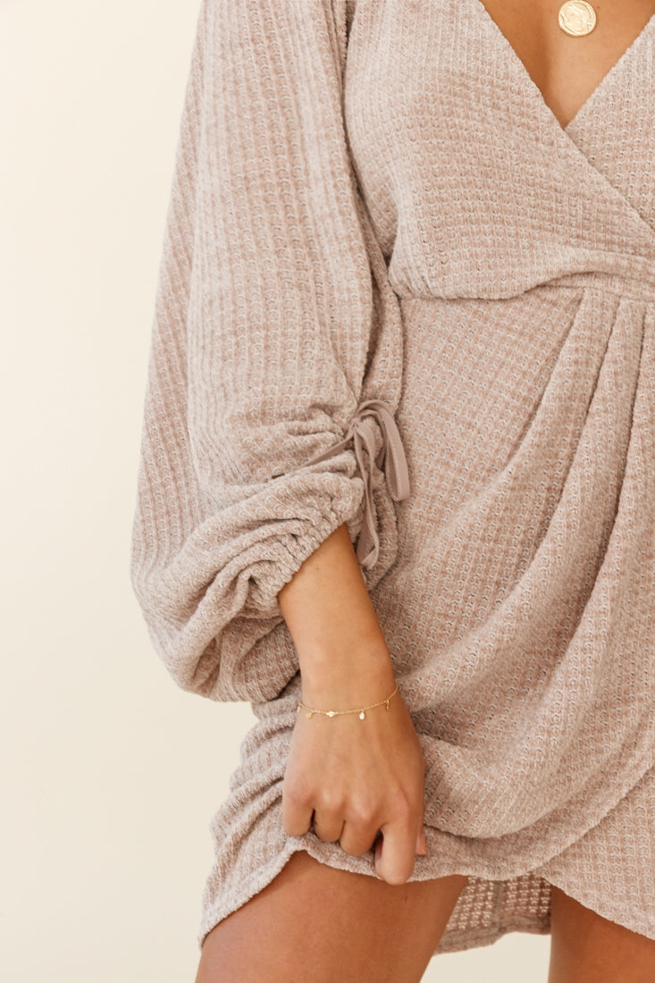 Make Way Balloon Sleeve Knit Wrap Dress Taupe
