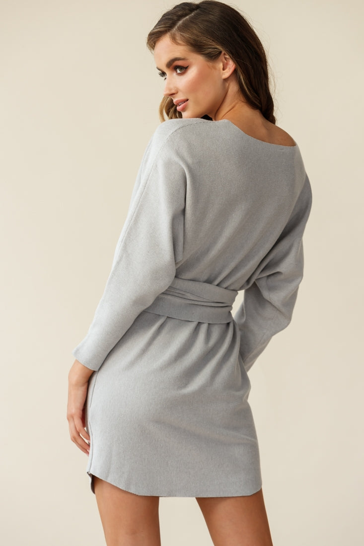 Lorelei Long Sleeve Wide Belt Knit Dress Grey