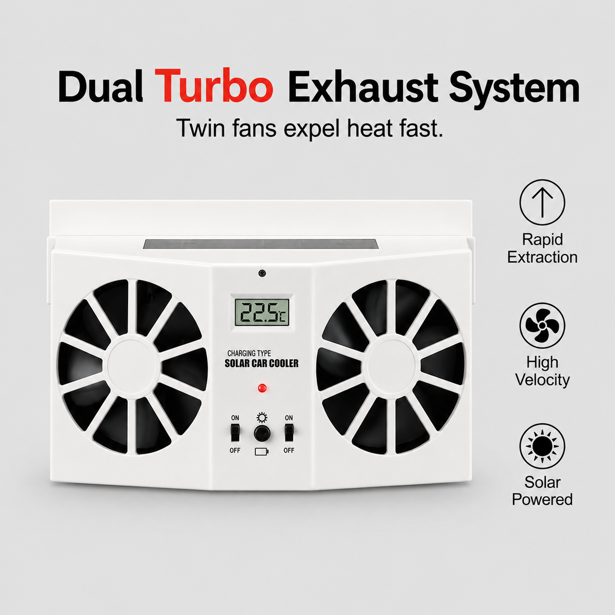Dual Fan Solar Car Vent Cooler | Solar Powered Car Exhaust Fan with Digital Temperature Display