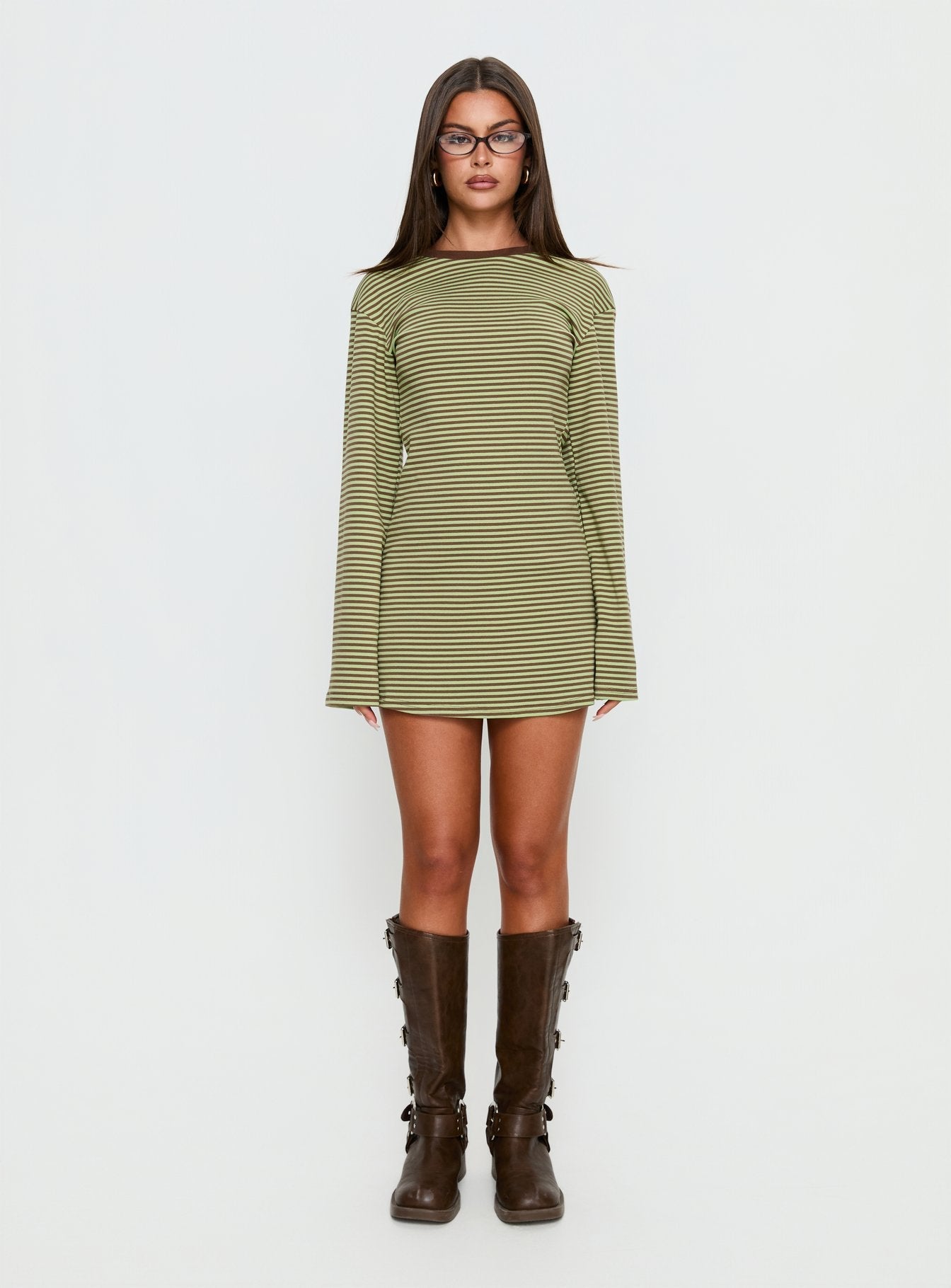 Lulolah Long Sleeve Mini Dress Green / Chocolate Stripe