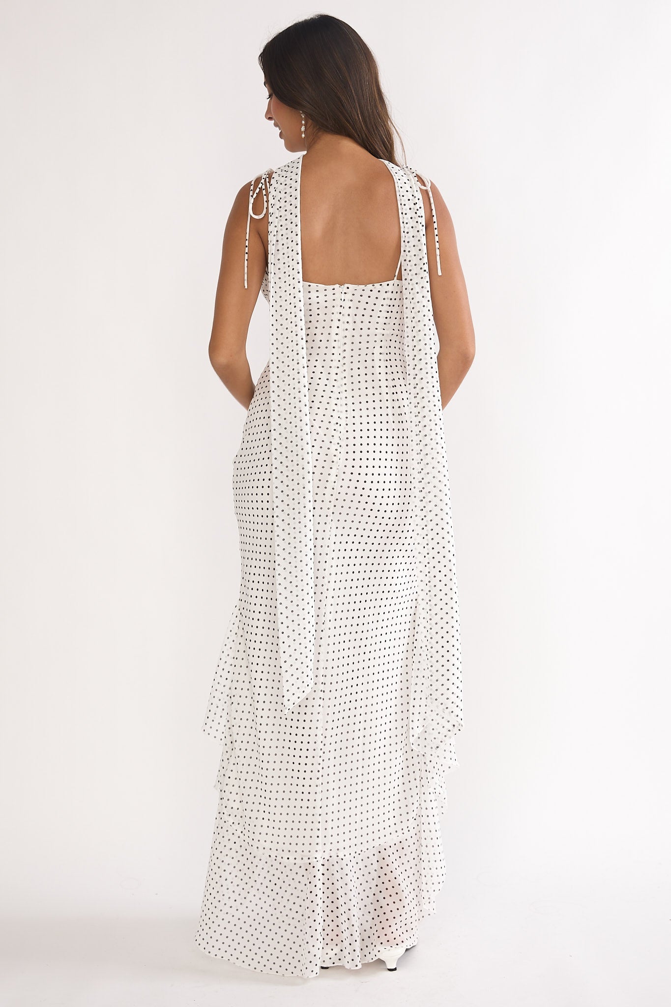 Emmara Tied Shoulder Maxi Dress Polka Dot White