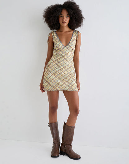 Carmila Gathered Mini Dress in Check Yellow
