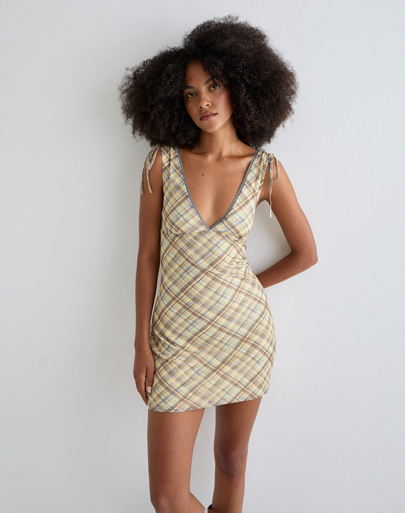 Carmila Gathered Mini Dress in Check Yellow