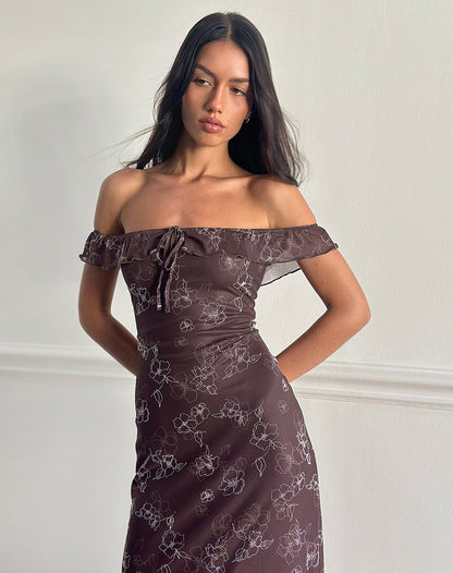 Catrin Midi Dress in Doodle Flower Flock Brown