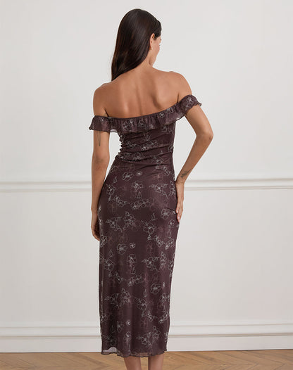 Catrin Midi Dress in Doodle Flower Flock Brown