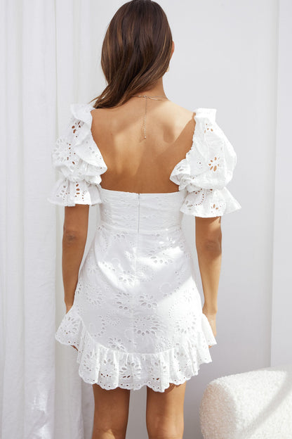 Meet Cute Twist Bust Puff Sleeve Eyelet Dress White