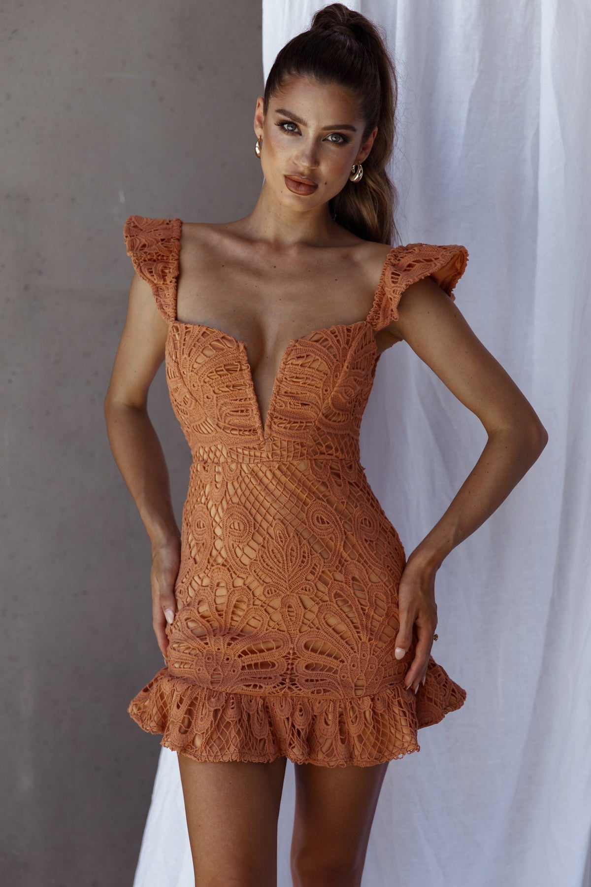 Mon Papillon Lace Mini Dress Apricot
