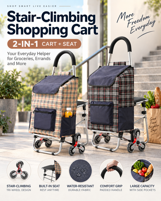 2-in-1 Shopping Trolley Cart with Rest Seat, Tri-Wheel Stair Climber, Large Capacity Removable Waterproof Oxford Bag for Grocery Shopping