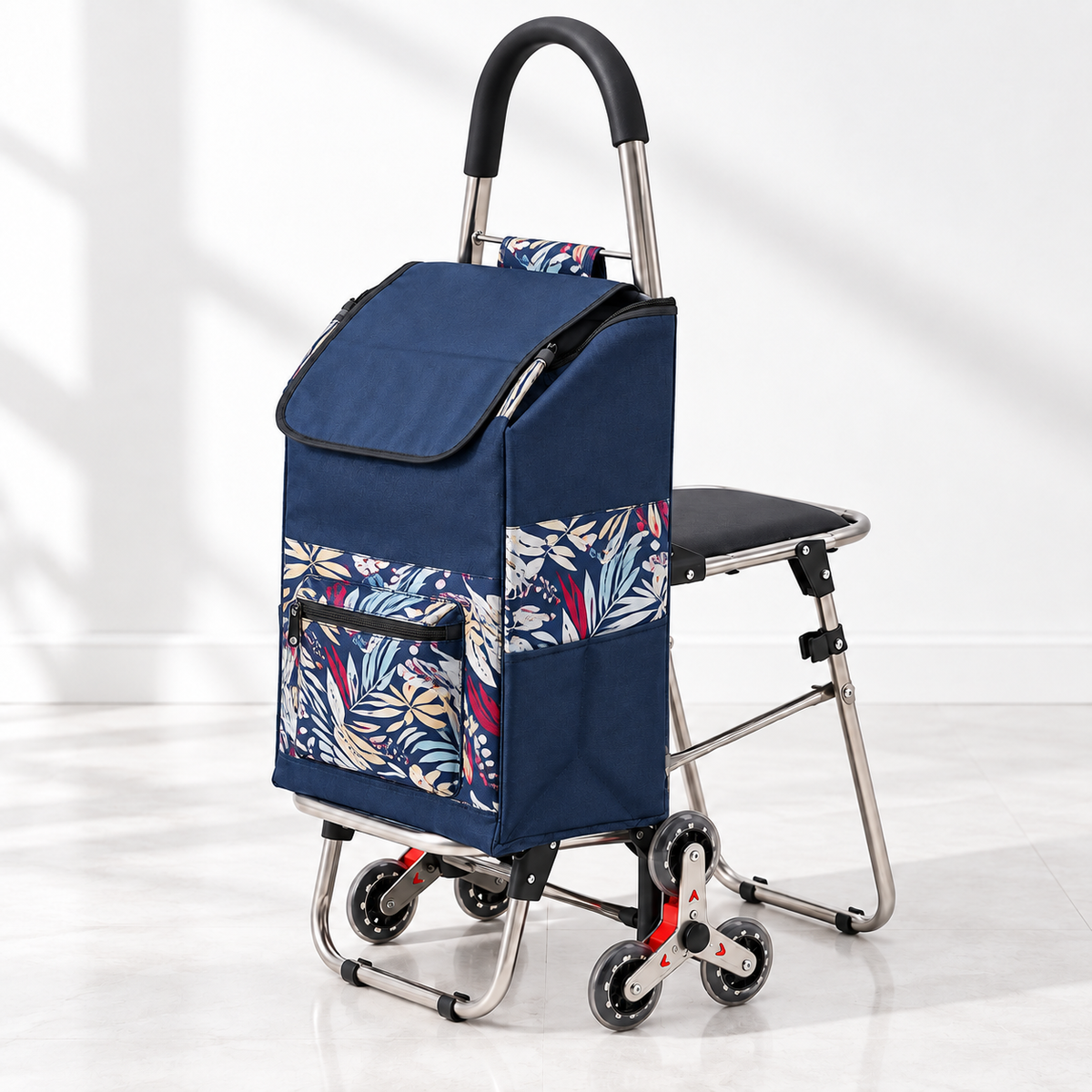 2-in-1 Shopping Trolley Cart with Rest Seat, Tri-Wheel Stair Climber, Large Capacity Removable Waterproof Oxford Bag for Grocery Shopping