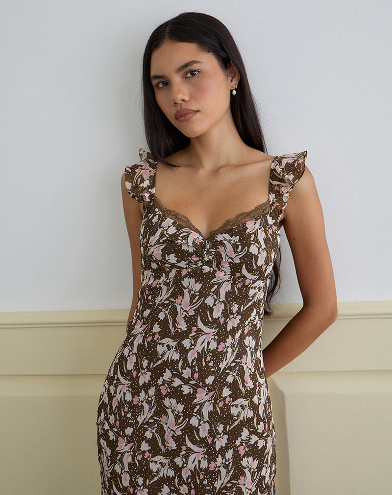 Daita Midi Dress in Chiffon Polka Flower Brown