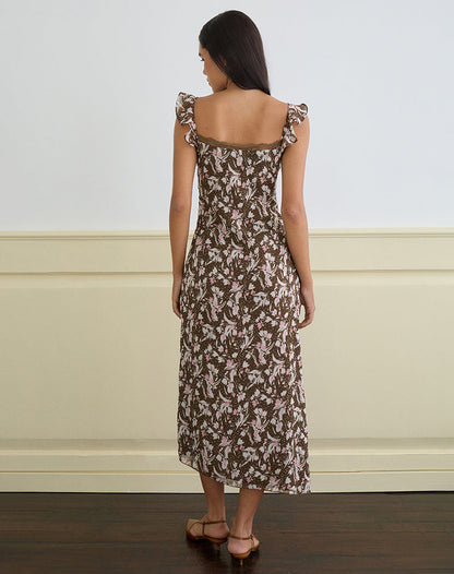 Daita Midi Dress in Chiffon Polka Flower Brown