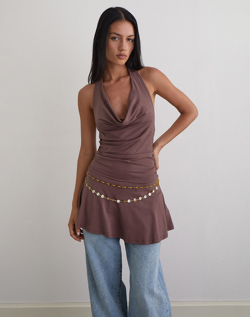 Eutalia Cowl Neck Halter Dress in Deep Taupe