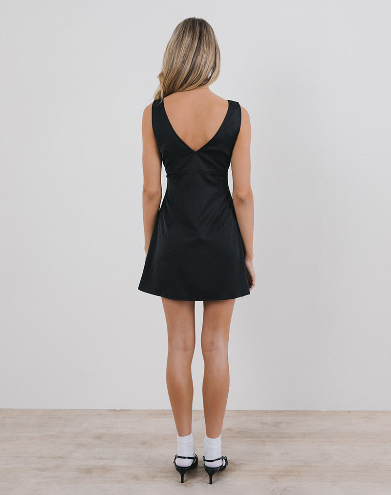 Faradiba Mini Dress in Satin Black with Ivory Bow