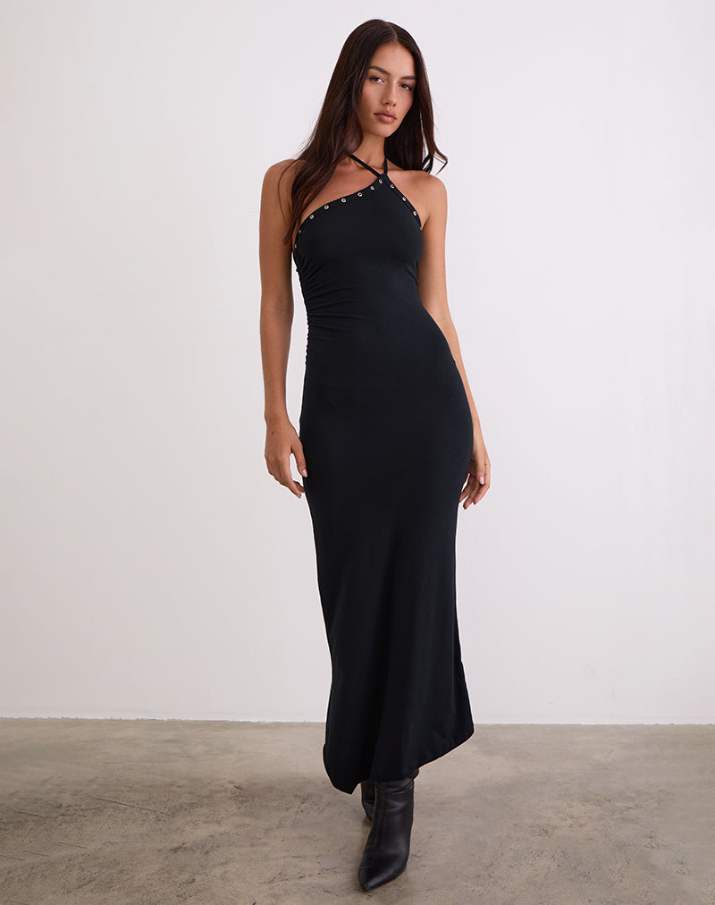 Ishikawa Asymmetrical Maxi Dress with Eyelets in Black