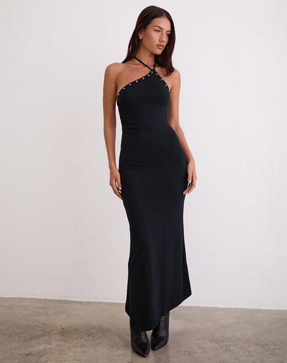 Ishikawa Asymmetrical Maxi Dress with Eyelets in Black