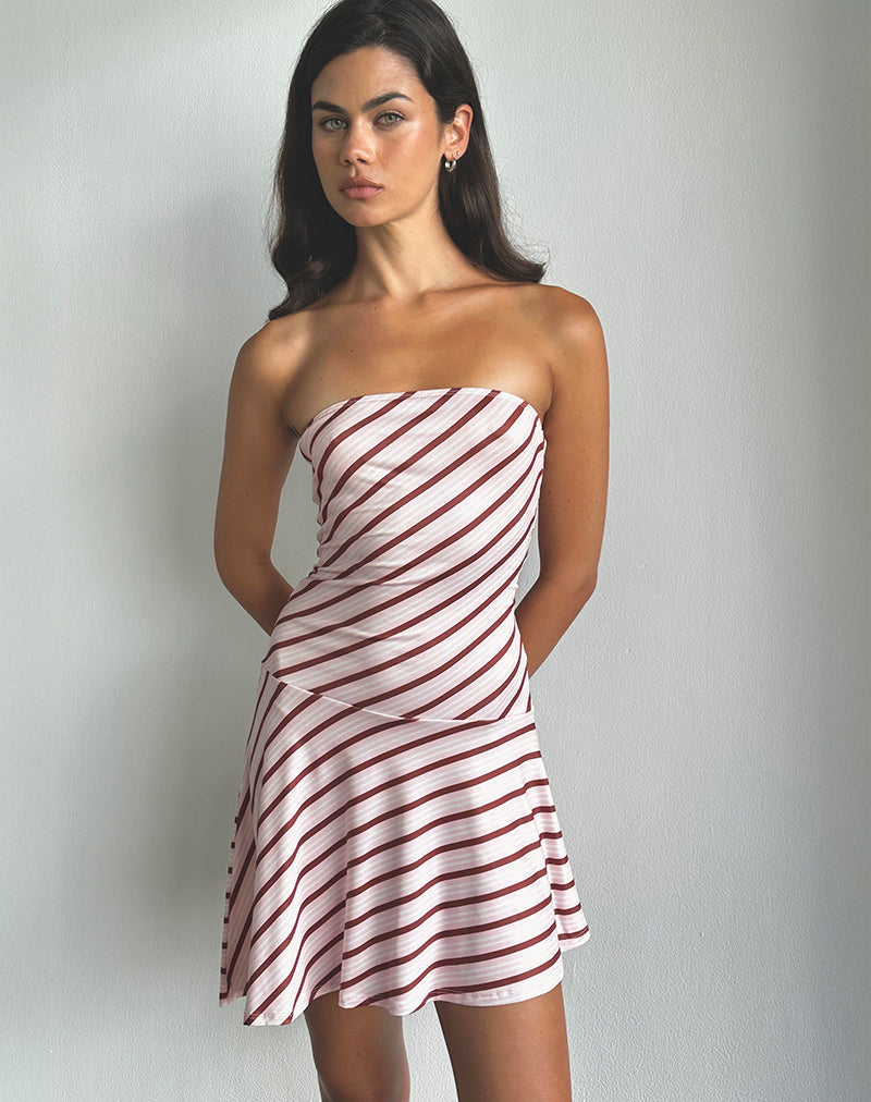 Kagari Mini Dress in Diagonal Stripe Pink