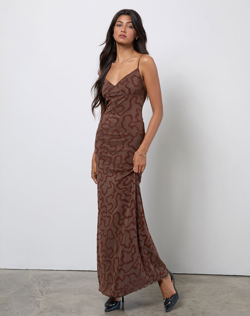 Kalana Maxi Dress in Brown Swirl Flock