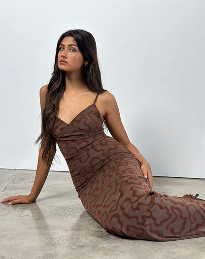 Kalana Maxi Dress in Brown Swirl Flock