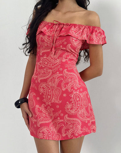 Kenja Bardot Mini Dress in Retro Paisley Pink