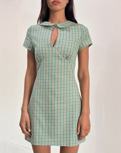 Medora Keyhole Mini Dress in Teal Check
