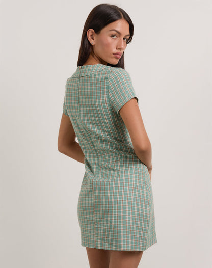Medora Keyhole Mini Dress in Teal Check