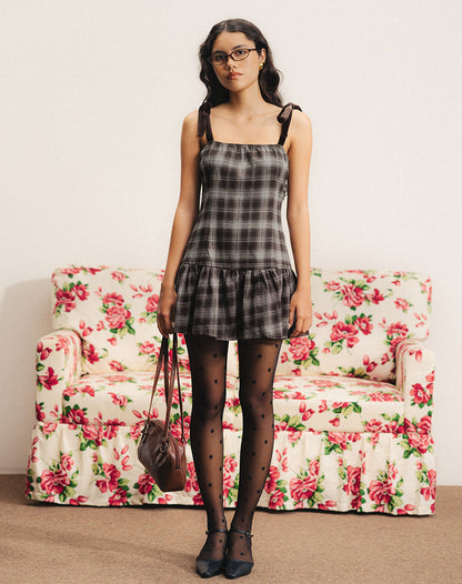 Miyori Square Neck Mini Dress in Grey Check