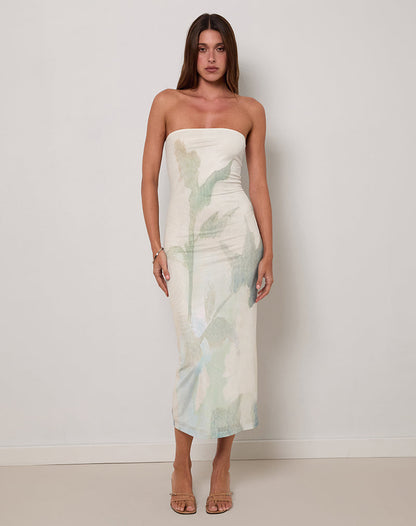 Rosbandi Bandeau Midi Dress in Abstract Painted Flower Blue