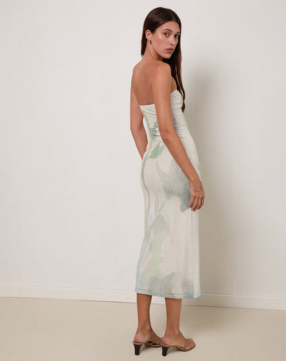 Rosbandi Bandeau Midi Dress in Abstract Painted Flower Blue