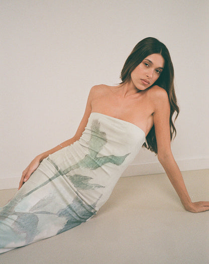 Rosbandi Bandeau Midi Dress in Abstract Painted Flower Blue