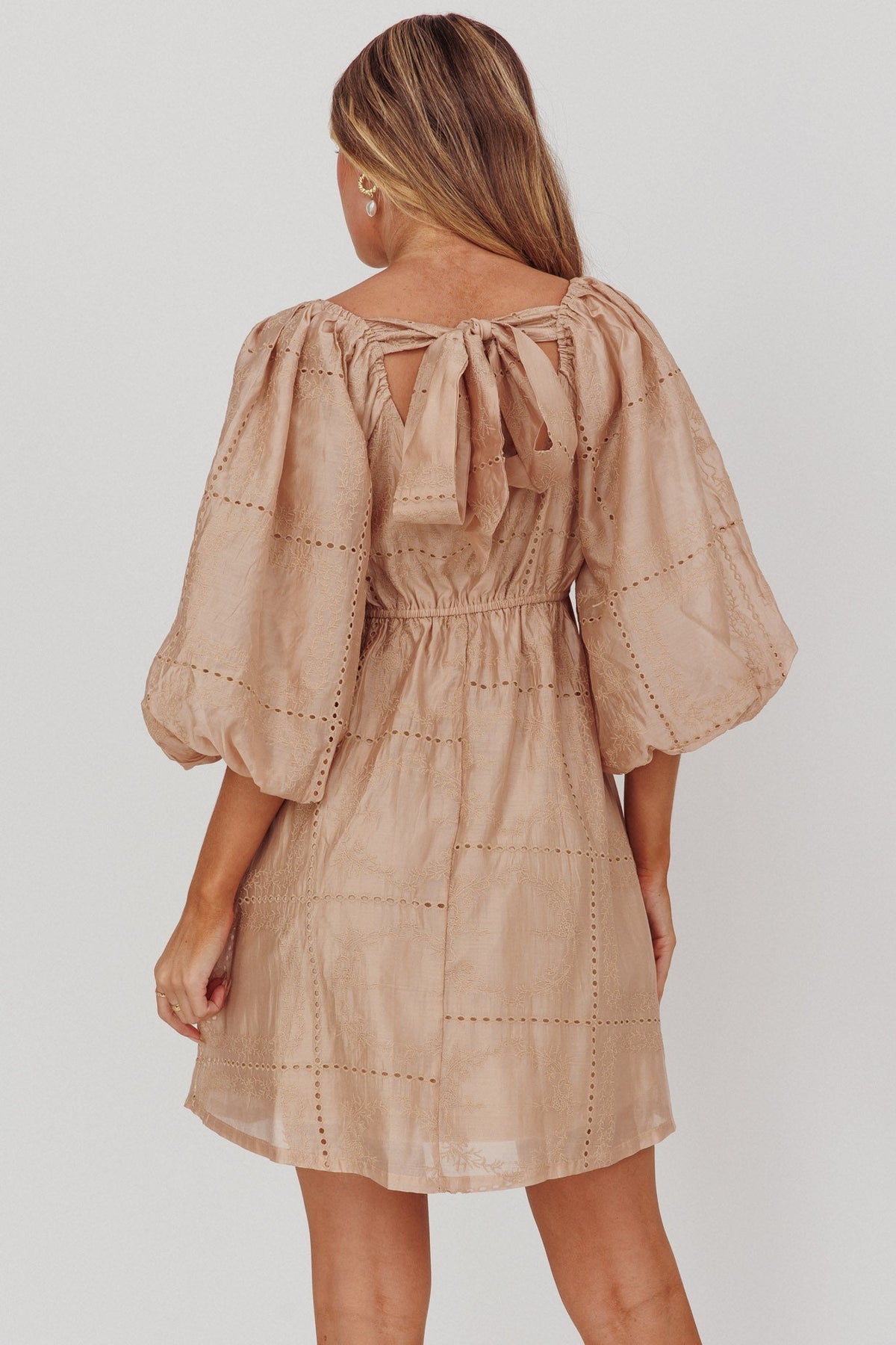 Summerlin Puff Sleeve Eyelet Mini Dress Beige