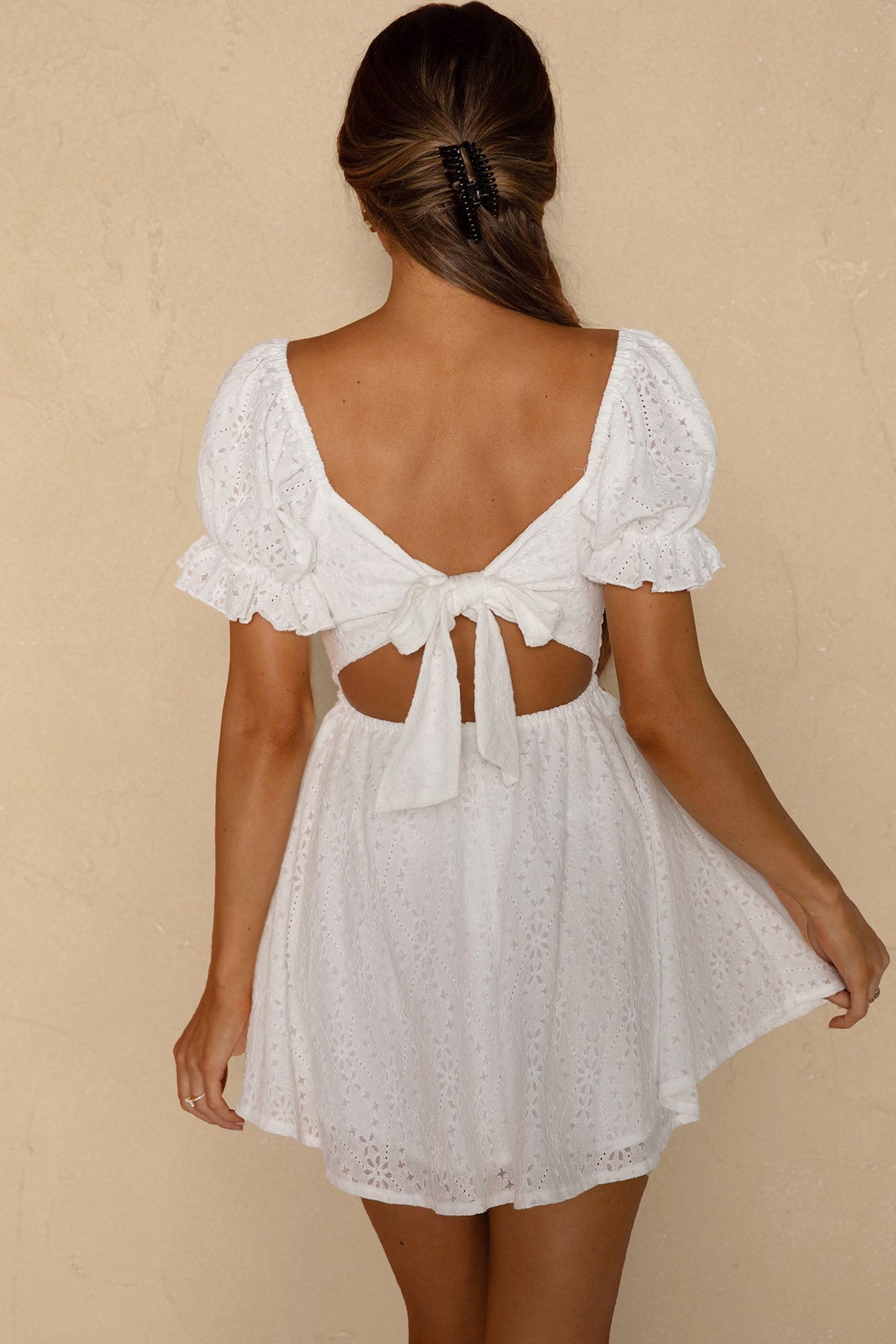 Buongiorno Bella Shirred Lace Up Bodice Mini Dress White