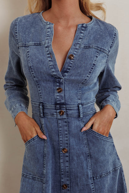 Aspen Love Front Pocket Midi Dress Denim Blue