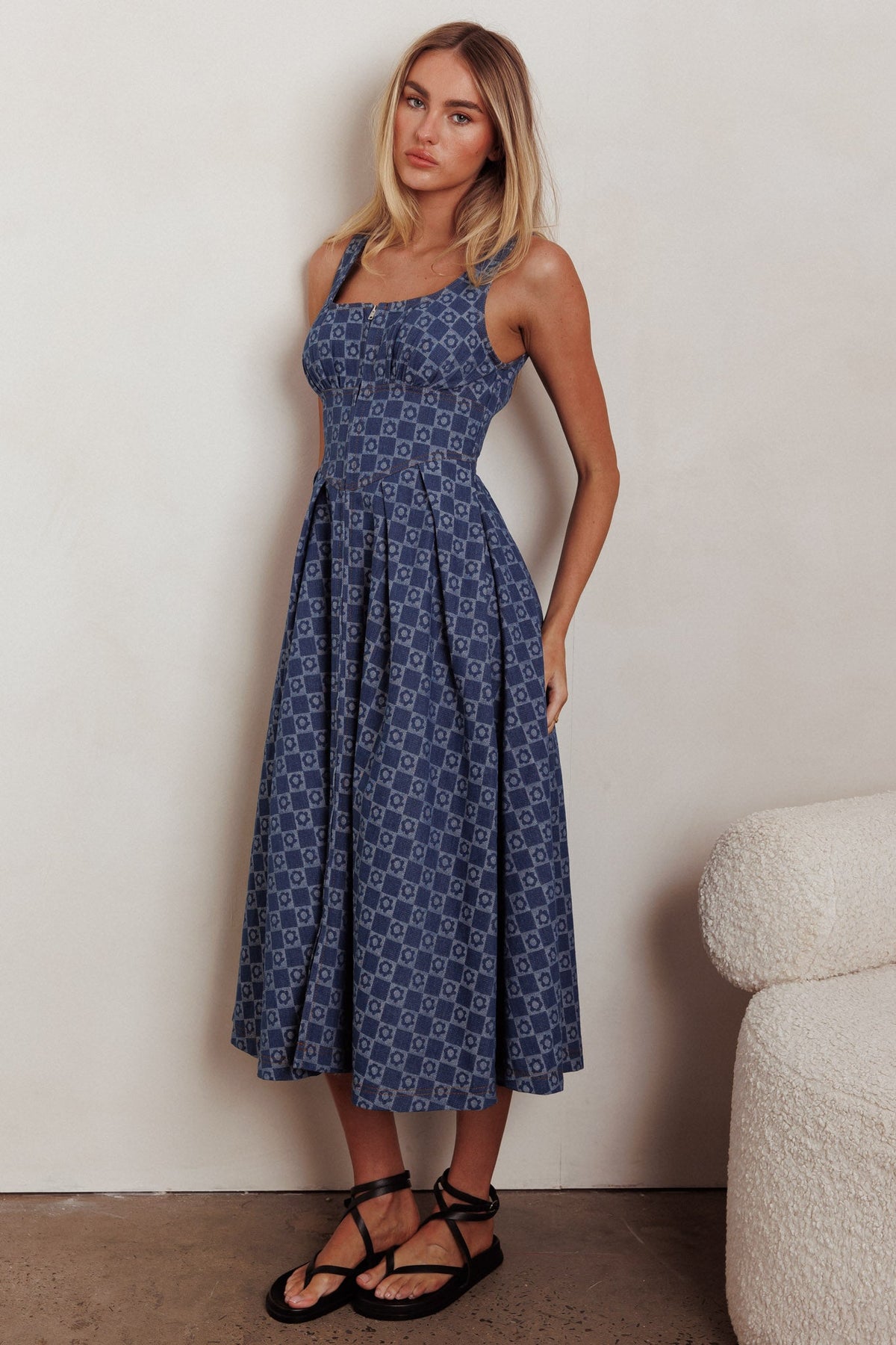 Hair Down Square Neck A-Line Midi Dress Floral Denim