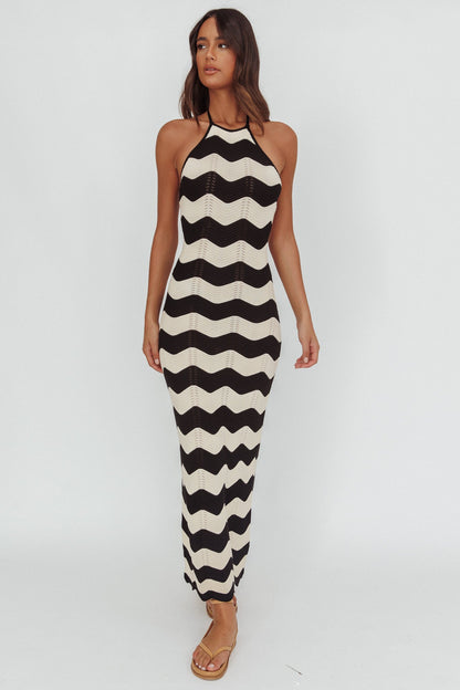 Yelena Halter Neck Knit  Maxi Dress Zig-Zag Cream