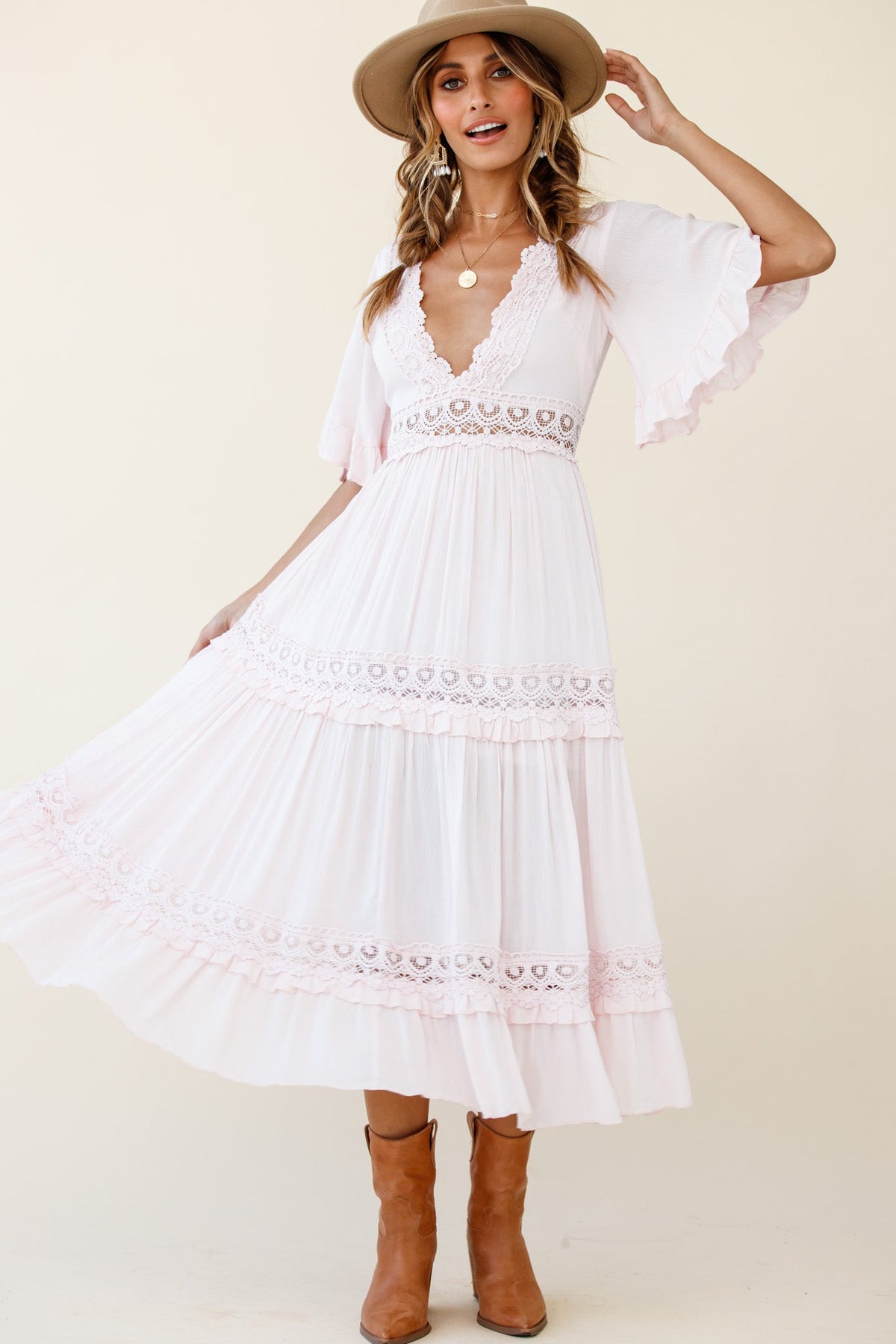 Indio Crochet Insert Deep V-Neckline Angel Sleeve Maxi Dress Pink