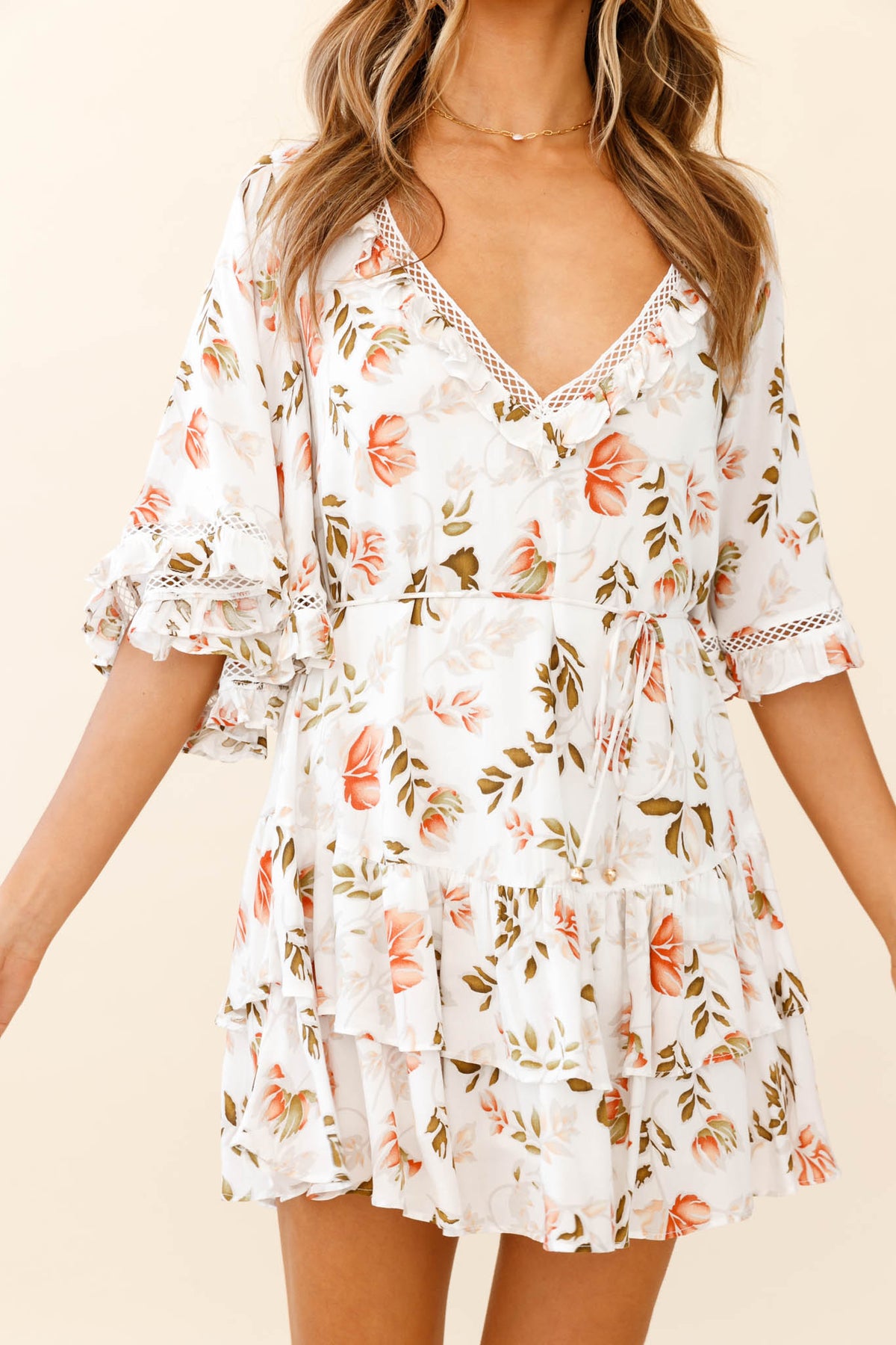 Lotus Crochet Trim Angel Sleeve Dress Floral Print White