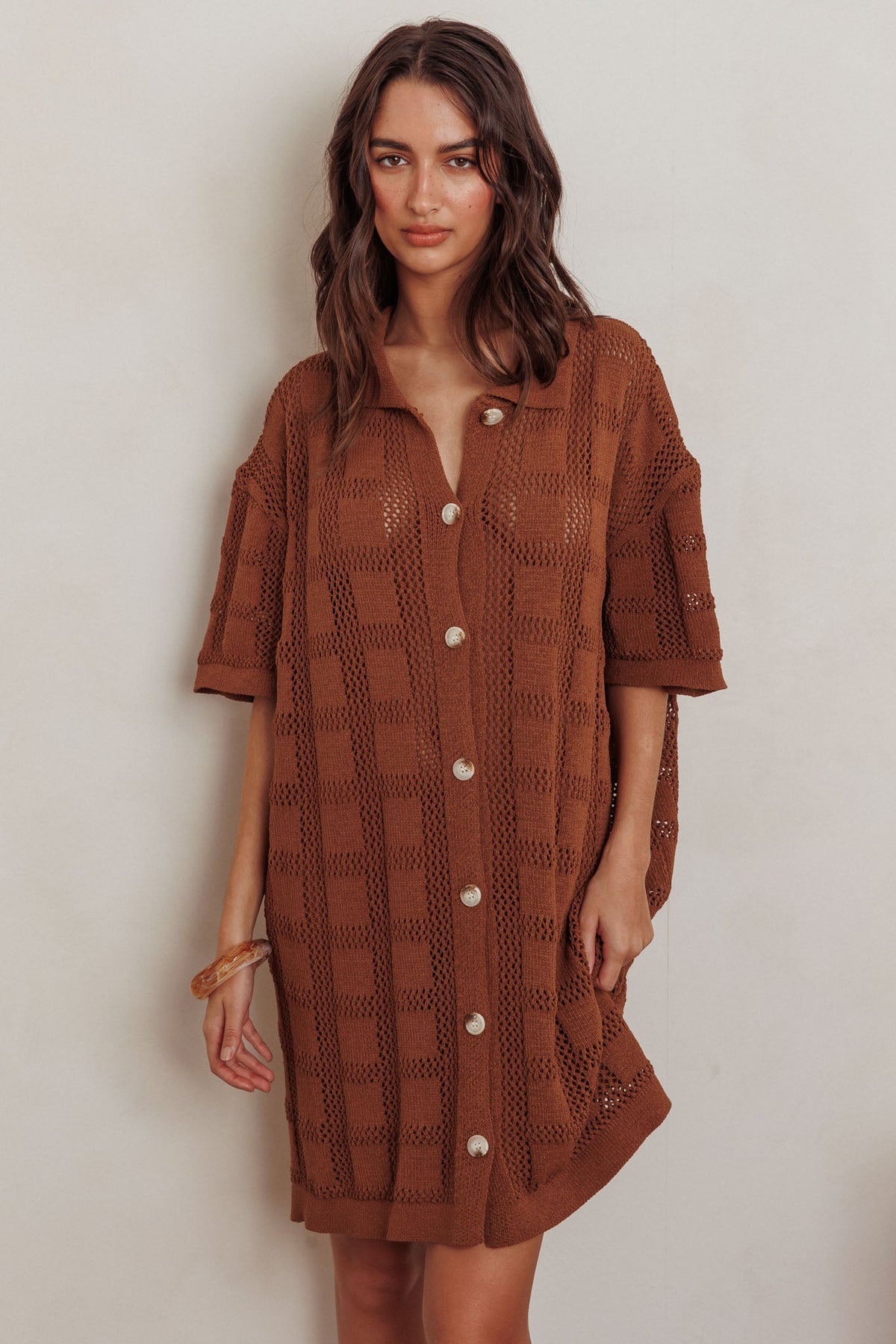 Best Friend Knit Shirt Dress Chocolate
